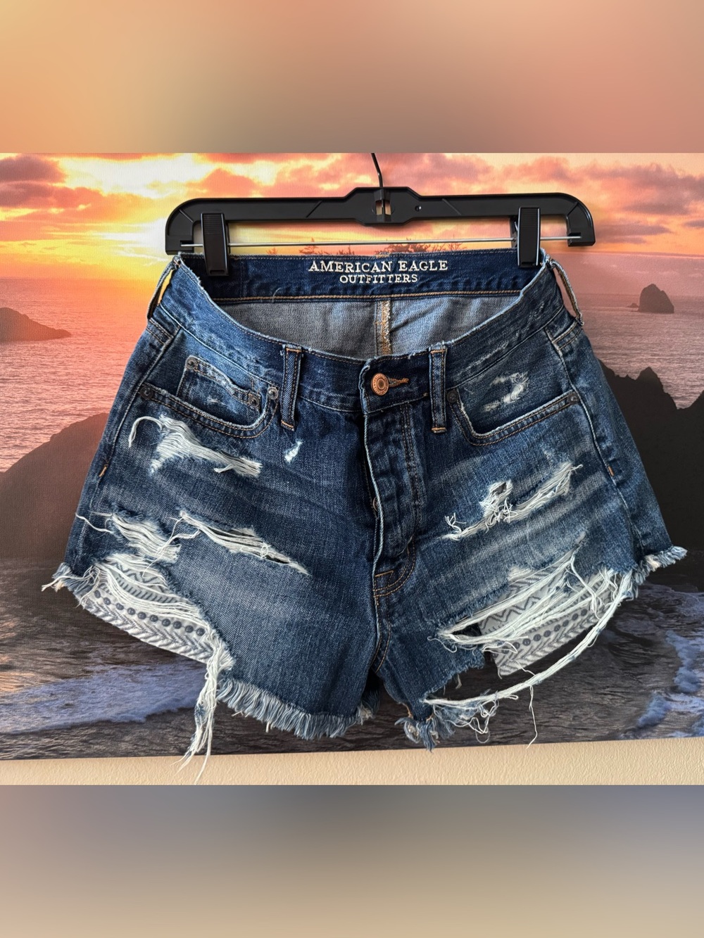 American Eagle Outfitters Dark Blue Distressed Denim Cutoff Shorts